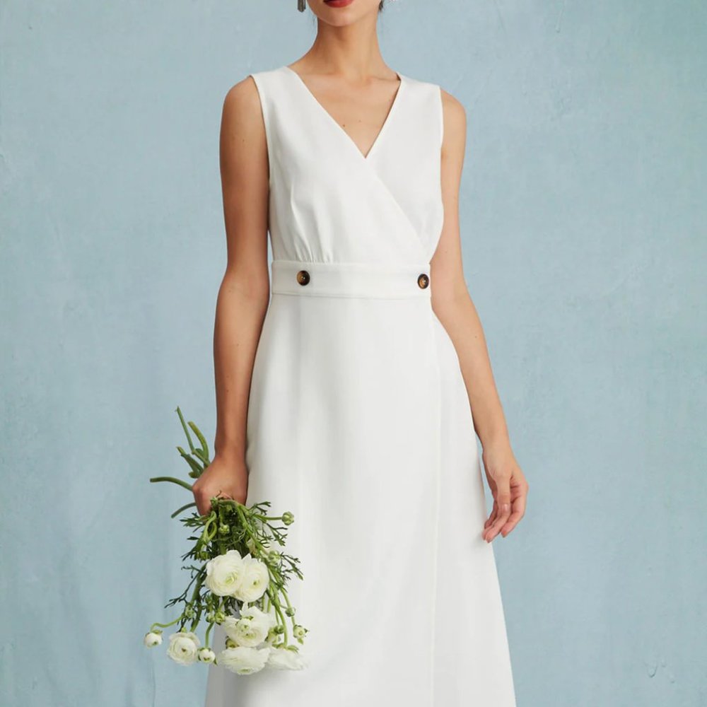 RIOHAS White V Neck Sleeveless Wrap Midi Dress